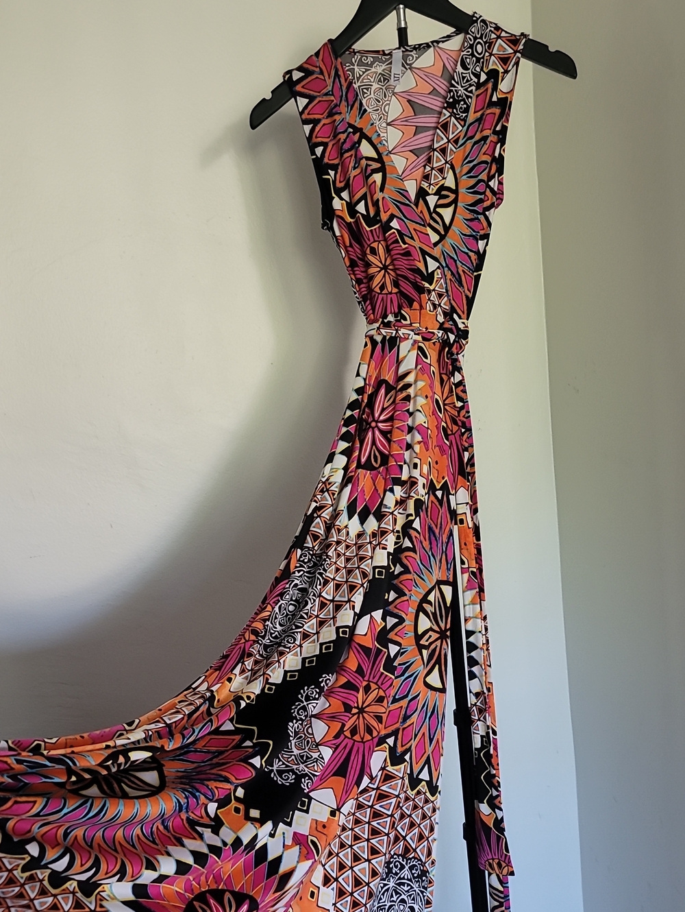 Sleeveless Boho Geometric Mandala Pink and Orange Multicolor Pattern Maxi Dress